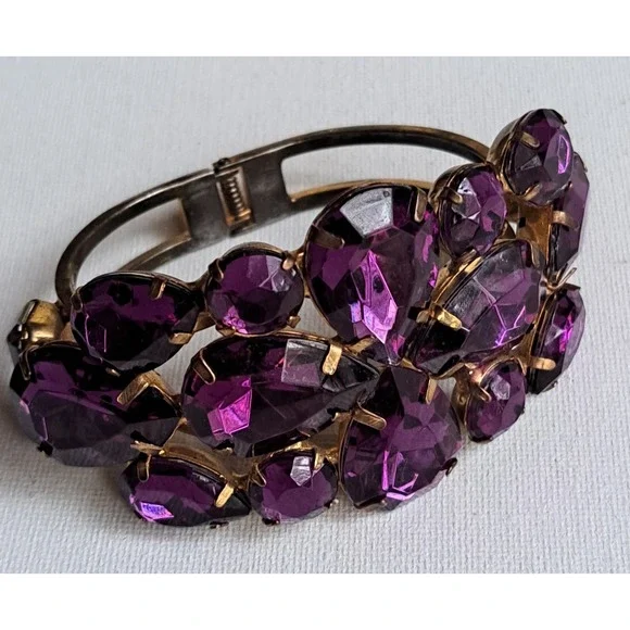 VTG Bold N Beautiful Purple Rhinestone Clamper Bracelet 1960's - Picture 1 of 16